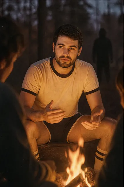 Retro camp portrait by a campfire at dusk, face lit warmly from below (example result of an AI-generated person)