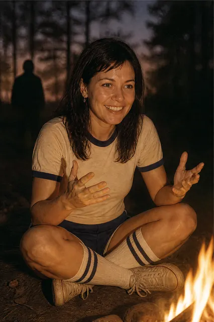 Retro camp portrait by a campfire at dusk, face lit warmly from below (example result of an AI-generated person)