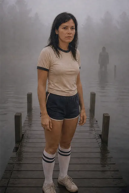 Retro camp portrait at the end of a wooden dock in thick morning fog (example result of an AI-generated person)